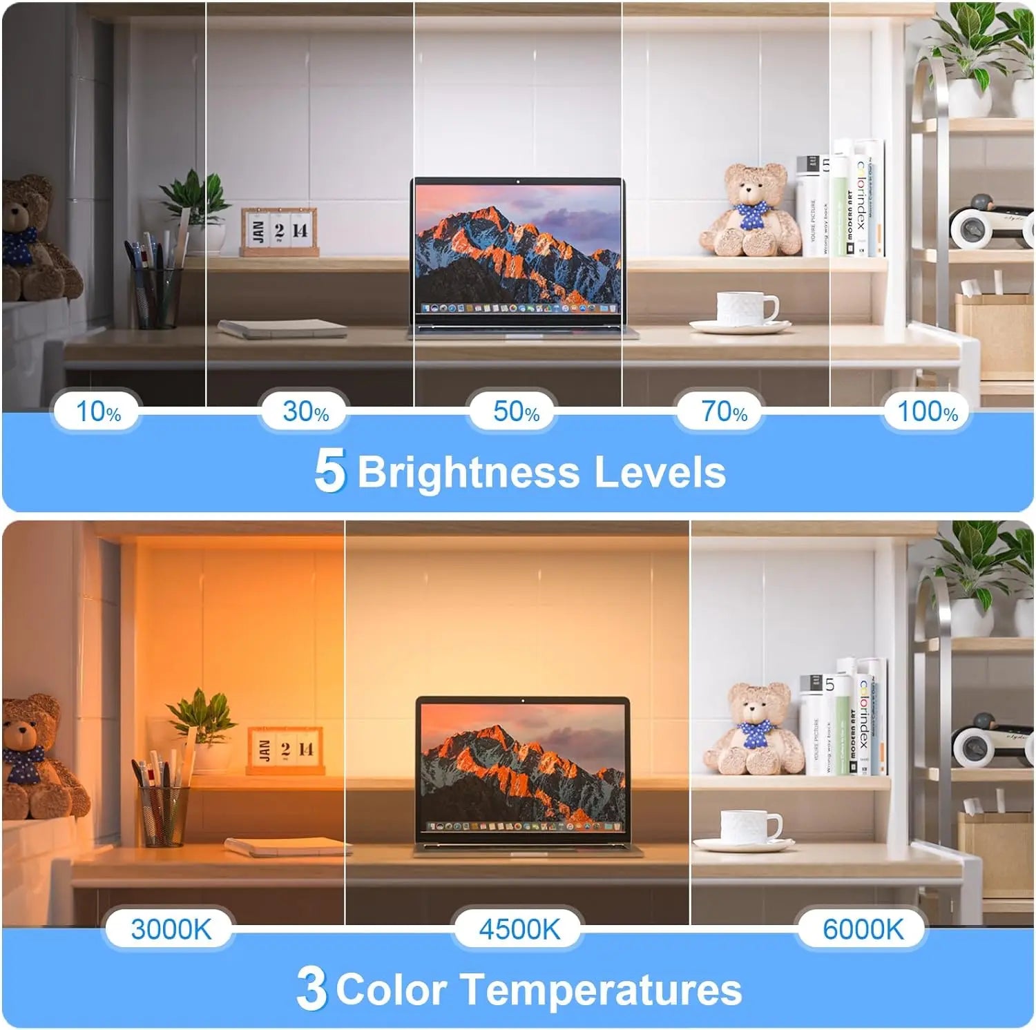 WILLED 5W Dimmable Night Light 3 Colors Adjustable Makeup Light with 2500mAh Rechargeable Under Cabinet for Closet Bedside Desk